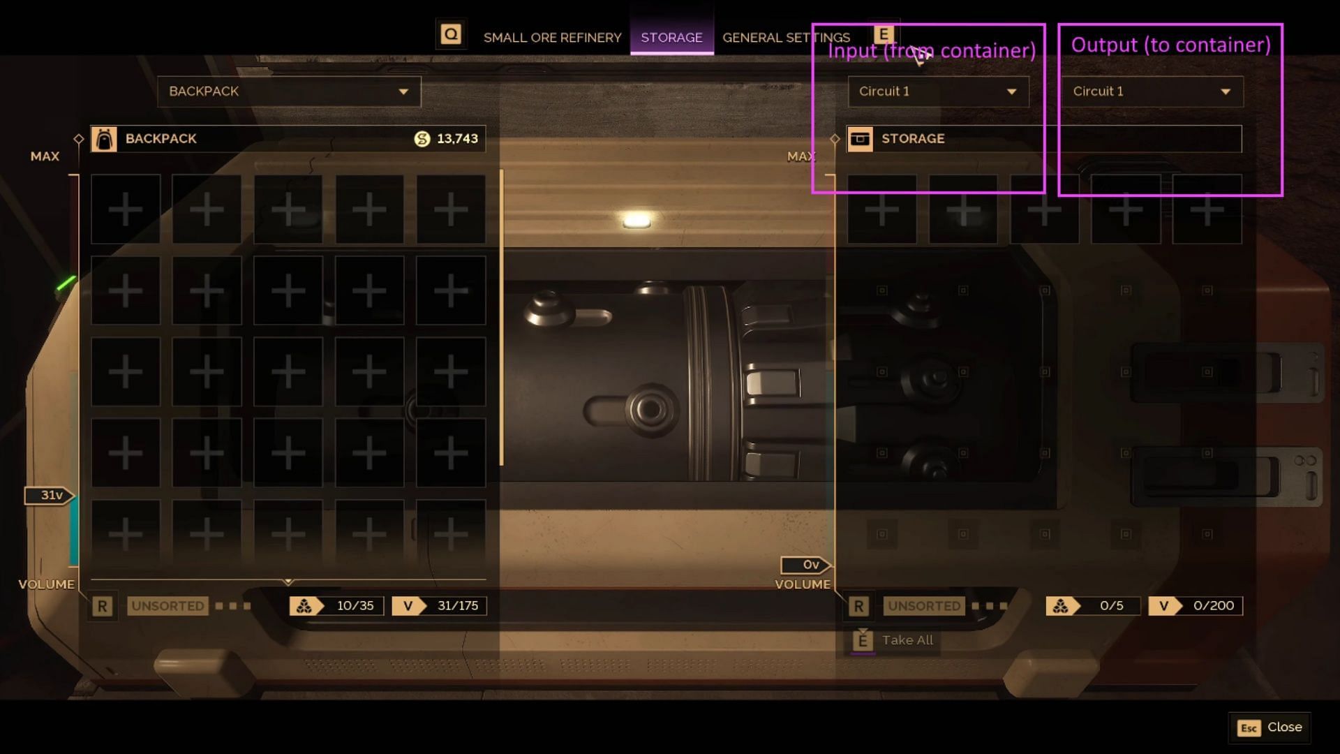 The left menu is where you draw resources from, and the right one is where excess crafted materials will go once the refinery is out of storage space (Image via Funcom)